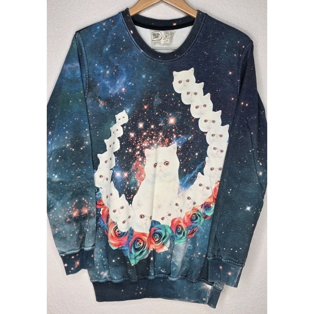 Aloha From Deer Sweatshirt Women L Galaxy Cats Pullover Cool Kids Retro Funky